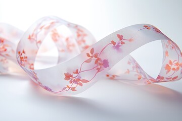 Poster - Delicate Floral Ribbon with Pink Flowers on White Background