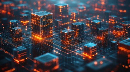 Poster - Futuristic Digital Cityscape with Glowing Data Cubes at Night