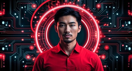 Poster - Caucasian man on red theme glowing tech circuit background design template banner with copy space