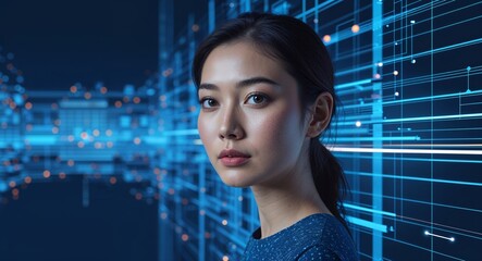 Poster - Caucasian woman on blue theme matrix wireframe system background design template banner with copy space