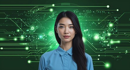 Aufkleber - Caucasian woman on green theme cyber data interface background design template banner with copy space