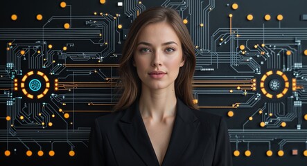 Poster - Caucasian woman on black theme digital network circuit background design template banner with copy space