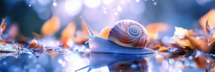 Aufkleber - Snail with crystal shell reflects leaves and sky in a whimsical nature fantasy setting at dawn