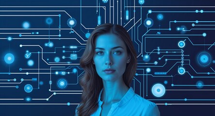 Aufkleber - Caucasian woman on blue theme digital network circuit background design template banner with copy space