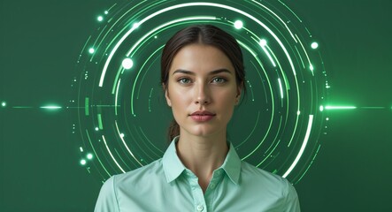 Poster - Caucasian woman on green theme virtual signal layers background design template banner with copy space