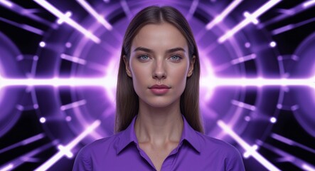 Poster - Caucasian woman on purple theme futuristic technology pattern background design template banner with copy space