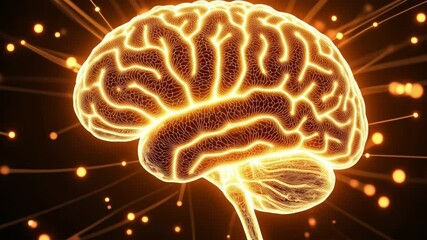 Fototapete - Golden neural brain network illuminated with digital sparks, symbolizing intelligence, connectivity, and the future of technology