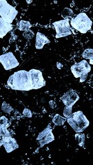 Poster - Super slow motion of rotating ice cubes with splashing water, top view shot. Filmed on high speed cinema camera, 1000 fps. Isolated on black background. Vertical aspect ratio. Speed ramp effect.