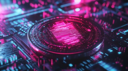 Fototapete - Abstract Digital Circuit Board with Neon Pink and Blue Glow Effects