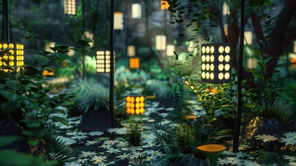 Poster - Enchanted Garden with Glowing Lanterns and Lush Greenery at Night