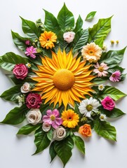 Aufkleber - Blooming flower sun shape with vibrant petals and green leaves arranged in radiant composition, showcasing natures beauty and creativity