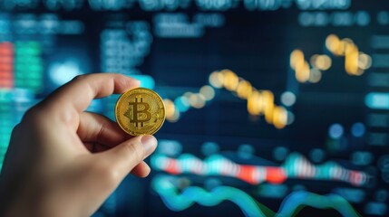 Poster - Hand Holding Bitcoin Coin with Stock Market Chart in Background