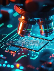 Poster - Close-Up of Microscope Lens Over Circuit Board with Colorful Lights