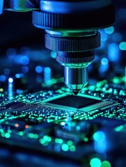 Poster - Close-Up View of Microscope Over Circuit Board with Blue Lights