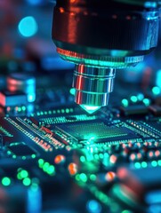 Poster - Close-Up of Microchip Under Microscope with Colorful Light Effects