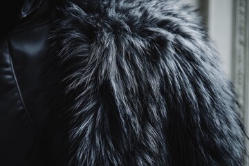 close-up of luxurious, dark fur with subtle silver highlights, showcasing texture and depth.