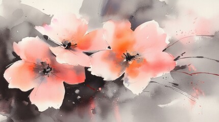 Poster - delicate watercolor painting of abstract blossoms with soft coral petals and subtle shading evoking a sense of tranquility and sophisticated artistic expression