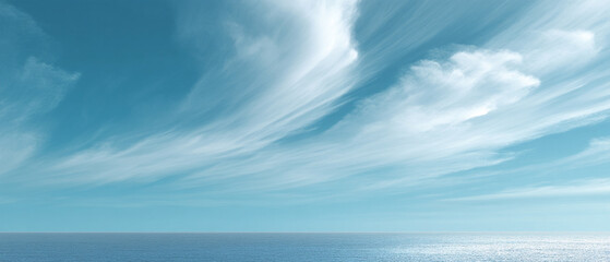 Poster - sky with mix of fluffy and wispy clouds over serene ocean horizon