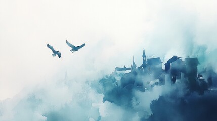 Poster - Watercolor birds soar above a tranquil village with dreamlike qualities in Lapki, capturing a serene moment at dusk