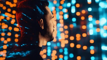 Futuristic vision: A man contemplates advanced technology with digital lights backdrop