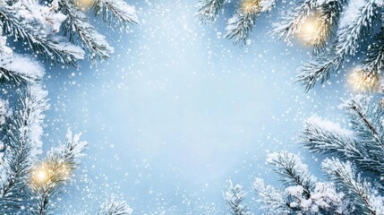 Poster - a beautifully serene winter scene featuring snow-laden pine branches framing a soft blue background with a gentle snowfall effect perfect for christmas season advertising