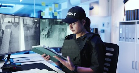 Poster - Surveillance, watching and woman with tablet, office and security guard with tech, online and observation. Control room, law enforcement and person with app for safety, night and serious with info