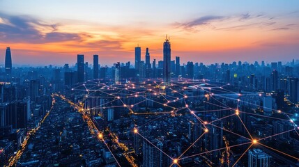 Poster - a captivating cityscape illuminated by the warm hues of the setting sun, interconnected network lines symbolize the city's digital pulse and global connectivity showcasing modern marvel