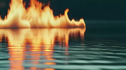 Poster - Vibrant fire flames reflecting on tranquil water surface create a mesmerizing visual display, fire flame on water reflection video background Seamless ing quality