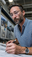 Poster - In a contemporary design studio, a creative director diligently reviews design layouts, offering insightful feedback while surrounded by inspiring visuals. The atmosphere is collaborative and focused