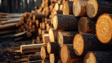 Poster - Stack of logs creating an appealing composition in golden hour light