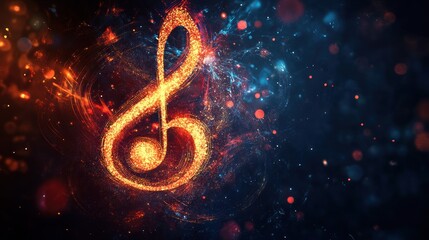 Poster - a radiant treble clef gracefully illuminated against a backdrop of swirling cosmic dust and glimmering bokeh lending an ethereal touch to musical expression and artistic imagination
