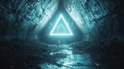 Aufkleber - A striking geometric figure glows in neon hues within a dimly lit tunnel. Reflections on wet surfaces enhance the mystical aura, captivating the viewer's imagination