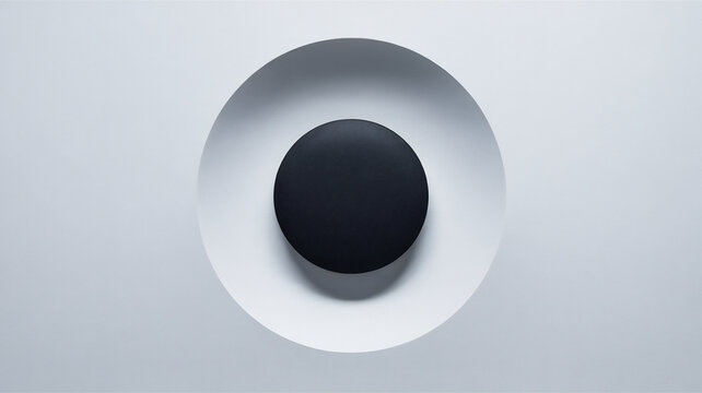 Stark contrast evokes modern minimalistic appeal featuring a black sphere within a circular recess set against a clean white background for a sophisticated look.