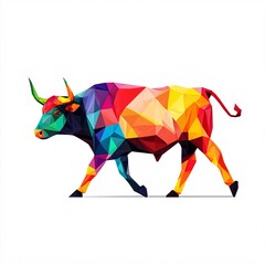 Leinwandbilder - Colorful polygonal bull walking on white background