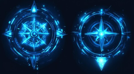 Poster - Futuristic glowing blue compass showing navigation and direction