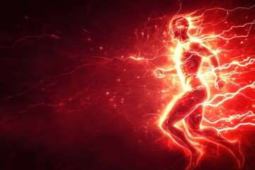 Leinwandbilder - Dynamic figure running with stylized lightning on a vibrant red background