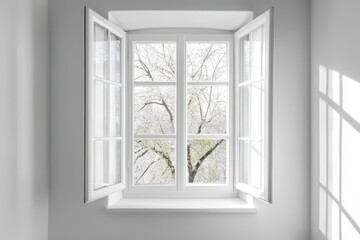 Poster - White open window with minimalist interior design and bright daylight
