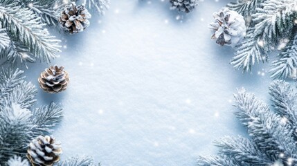 Poster - a serene winter scene unfolds with frosted pine branches and scattered pinecones gently resting on a pristine blanket of freshly fallen snow creating a tranquil holiday ambiance