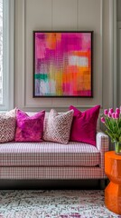 Poster - A bright and inviting nook showcases a stylish couch adorned with colorful pillows, a striking piece of abstract art above, and a vase of fresh tulips, perfect for unwinding in comfort