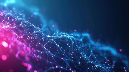 Poster - abstract plexus design featuring luminous interconnected points and lines creating a network structure on a dark background suggestive of connectivity and innovation