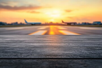 Poster - Empty marble table displaying blurred airport runway at sunset