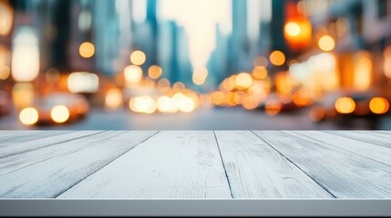 Poster - White wooden table against blurred urban backdrop with moving vehicles