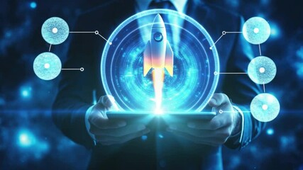 Poster - Professional Individual Holding Digital Tablet Displaying Rocket Launch Concept Amidst Futuristic Background