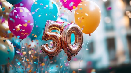 Poster - Golden number fifty 50 balloons celebrating a fiftieth birthday with colorful confetti and balloons