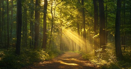 Poster - Sunlight filtering through trees illuminating forest path