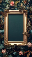 Aufkleber - Golden ornate frame surrounded by lush green foliage and pink roses