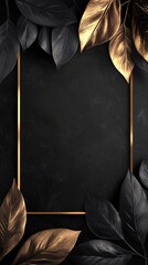Poster - Black and gold leaves framing a black marble background with gold border
