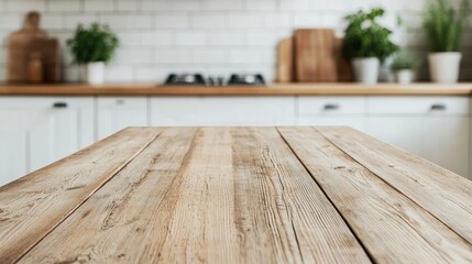 Aufkleber - Empty wooden table in farmhouse style kitchen with blurred background