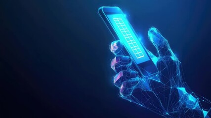 Poster - Futuristic Hand Holding Smartphone with Digital Interface in Neon Glow and Wireframe Background