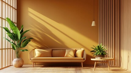 Poster - serene interior scene bathed in warm sunlight featuring a minimalist couch plants and textured accents creating a tranquil and inviting living space for relaxation and peace